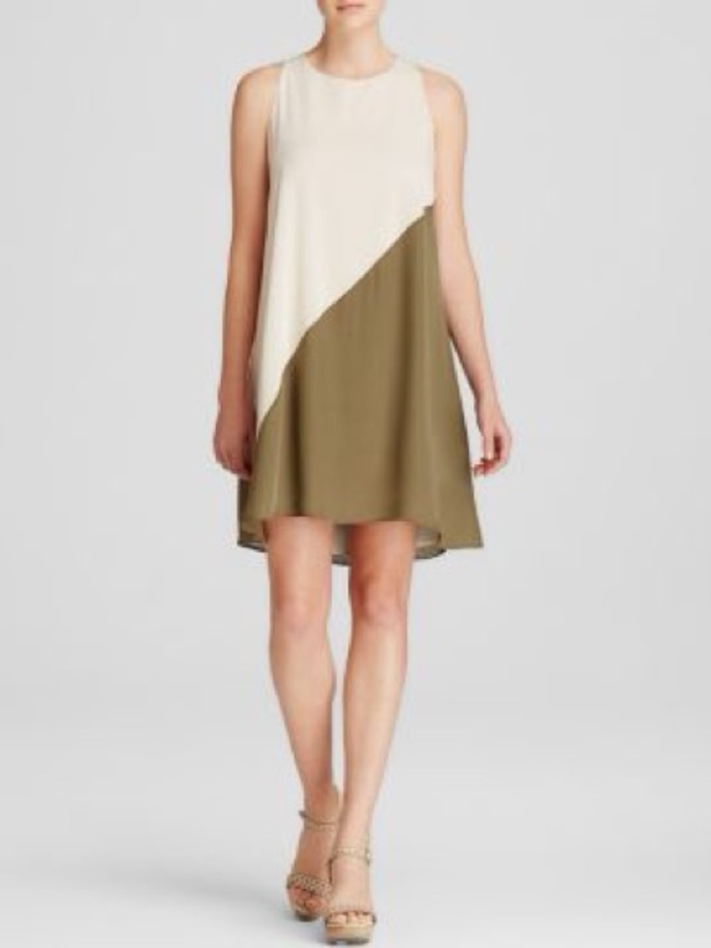 Alice + Olivia Marion Silk Diagonal Two-Tone Shift Dress in Cream and Olive